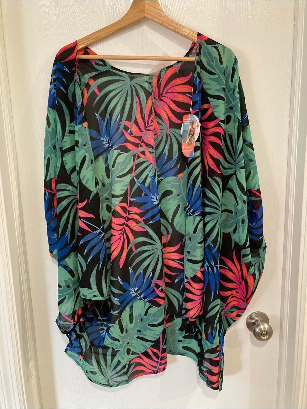 Tropical Leaf Open-Front Swim Coverup - Black with Green, Blue & Pink Leaves